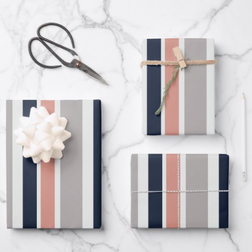 Grey Navy Blue Pink Coastal Stripes Pattern Wrapping Paper Sheets