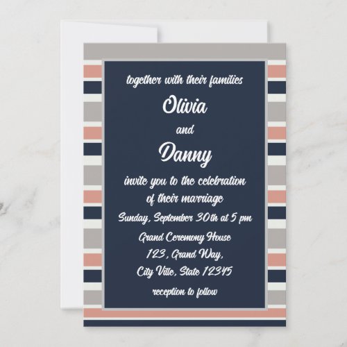 Grey Navy Blue Pink Coastal Stripes Wedding Invitation