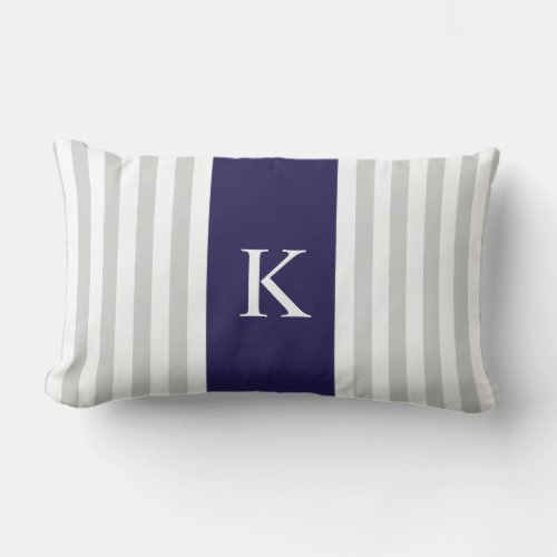 Grey Navy Blue Stripes Monogram Lumbar Pillow