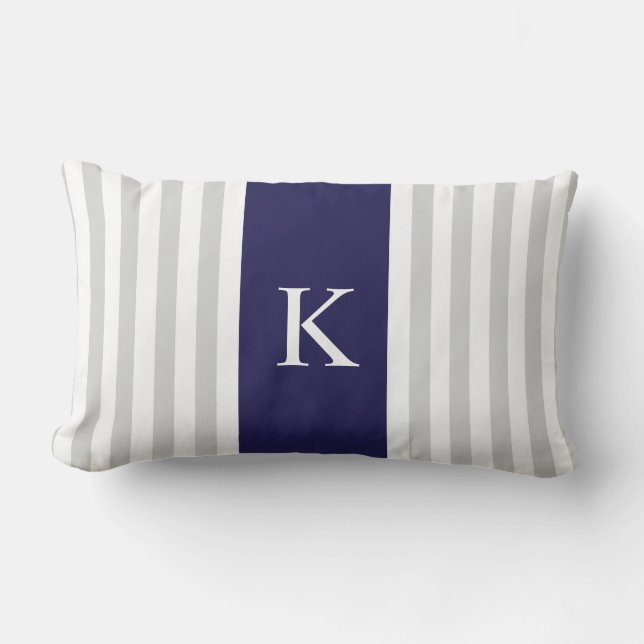 Grey Navy Blue Stripes Monogram Lumbar Pillow (Front)