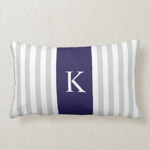 Grey Navy Blue Stripes Monogram Lumbar Pillow