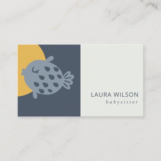 GREY NAVY OCHRE CUTE SANDI  LITTLE FISH BABYSITTER BUSINESS CARD (Front)
