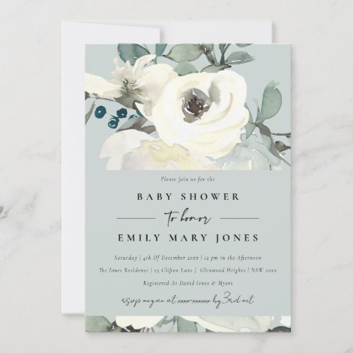 GREY NEUTRAL IVORY WHITE FLORAL BUNCH BABY SHOWER INVITATION