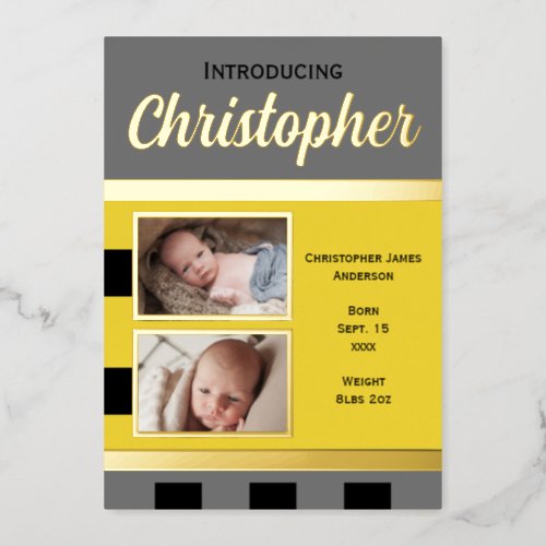 Grey new baby announcement gold foil flat card