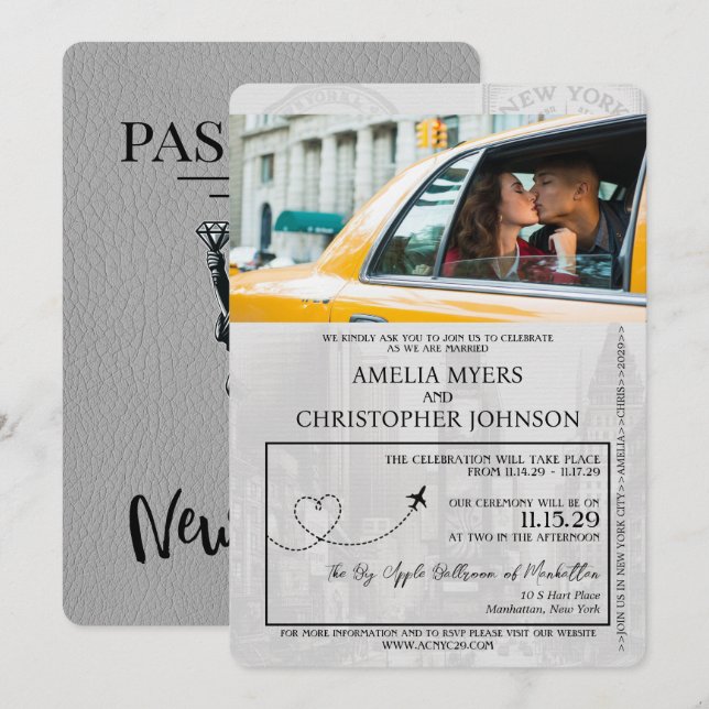 Grey New York City Passport Wedding Invitation (Front/Back)