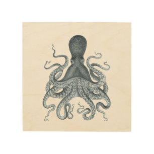 Grey Octopus Illustration Wood Wall Decor
