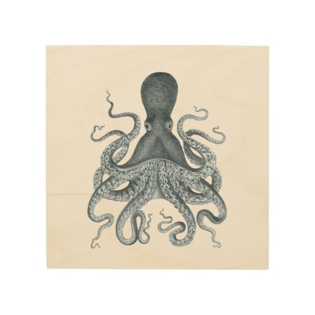 Grey Octopus Illustration Wood Wall Decor (Front)