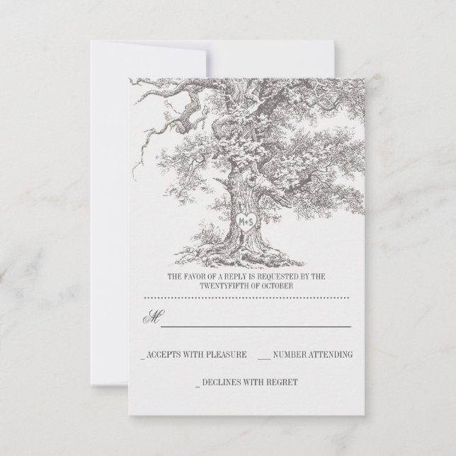 grey old tree rustic wedding RSVP cards (Front)