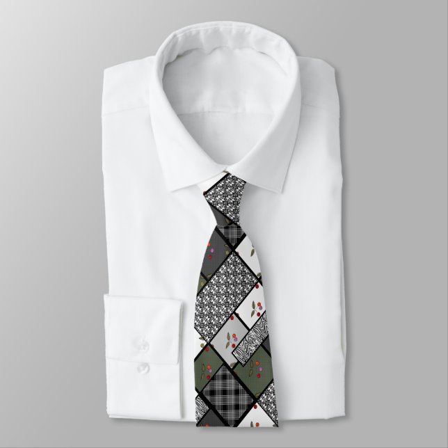 Grey Olive rustic patchwork pattern Neck Tie (Tied)
