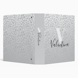 Grey Ombre Leopard Pattern Custom Monogram & Name 3 Ring Binder