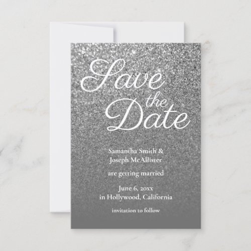 Grey Ombre Silver Glitter Photo Save the Date Invitation