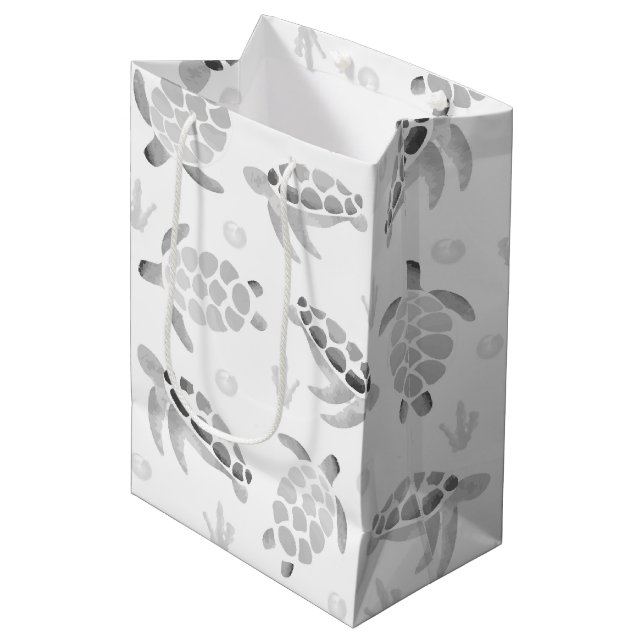 Grey Ombre Watercolor Sea Turtle Print Medium Gift Bag (Front Angled)
