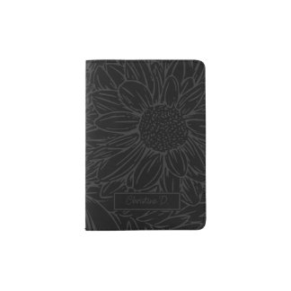 Grey on Black Chrysanthemums with Name Passport Holder