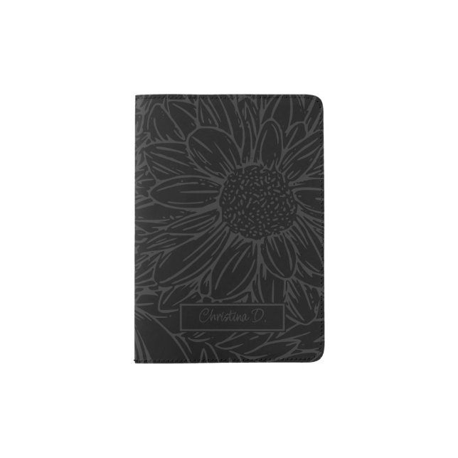 Grey on Black Chrysanthemums with Name Passport Holder (Front)