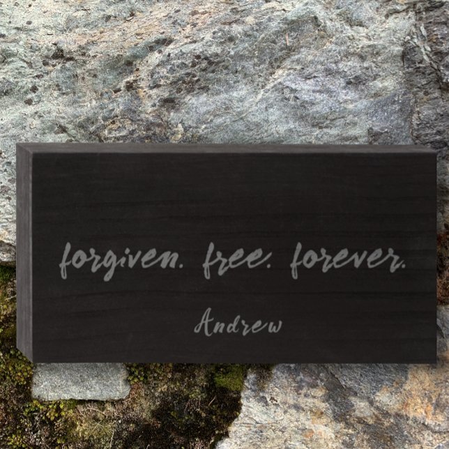 Grey on Black Trendy forgiven. Custom Quote  Wooden Box Sign (Stylish Christian forgiven name plaque grey on black wooden box sign.  Editable modern text add name)