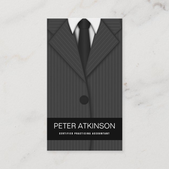 Grey or Gray Pinstripe Suit Vertical Accountant Business Card (Front)