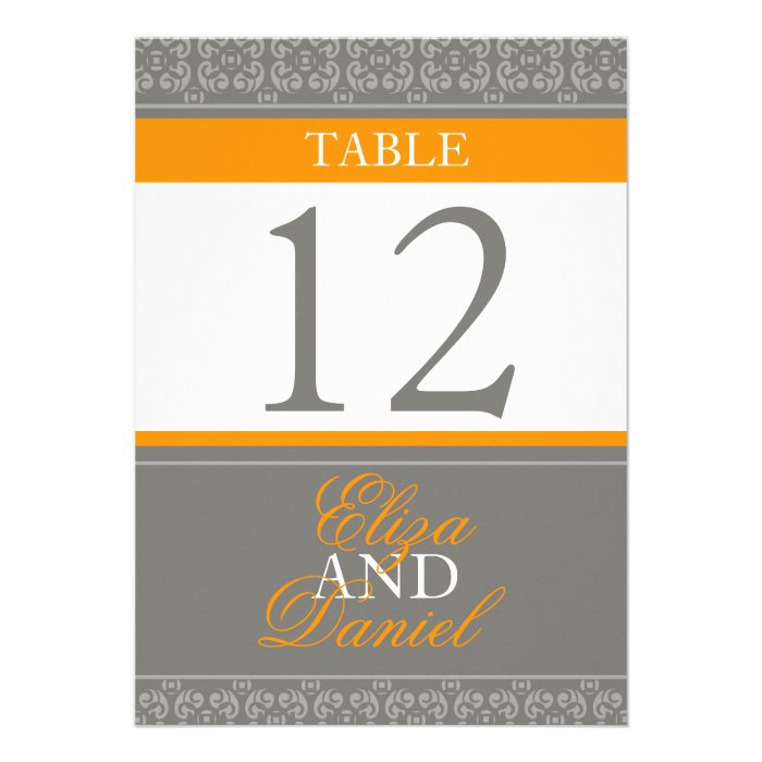 Grey & orange banded wedding table numbers invite
