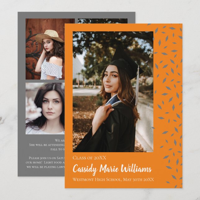 Grey Orange Confetti Graduation Announcement (Front/Back)