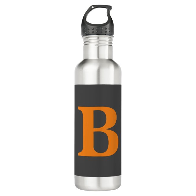 Grey orange modern monogrammed professional stainless steel water bottle (Front)