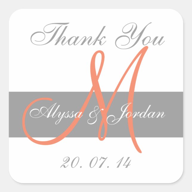 Grey Orange Monogram Names Wedding Favor Label (Front)