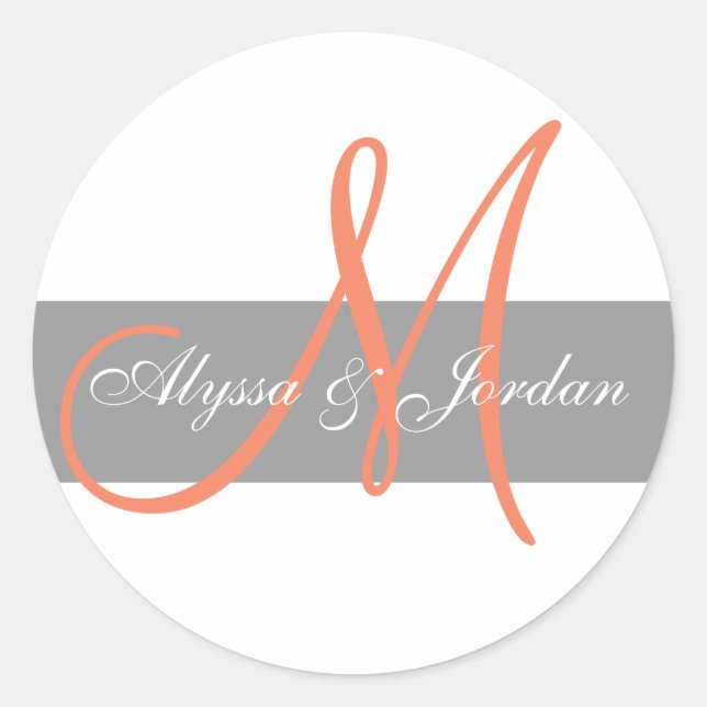 Grey Orange Monogram Names Wedding Favor Sticker (Front)