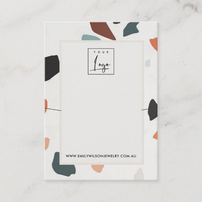 Grey Orange Terrazzo Band Necklace Display Logo Business Card (Front)