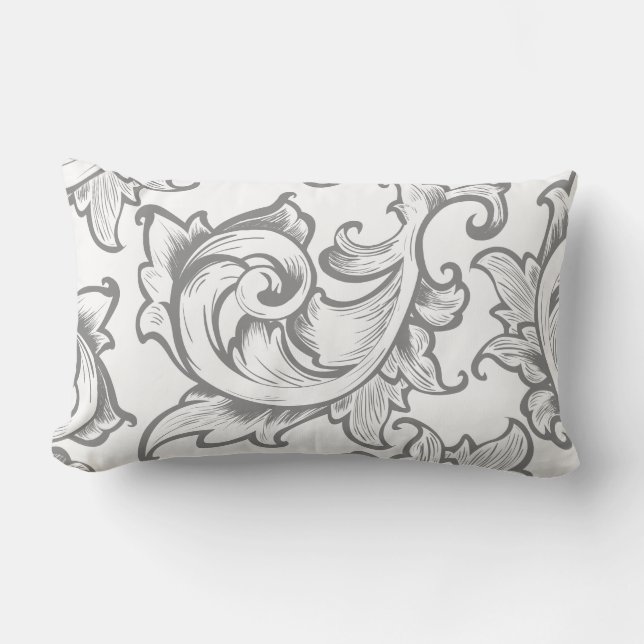 Grey Ornate Greek Leaves Scrolls Lumbar Pillow (Front)