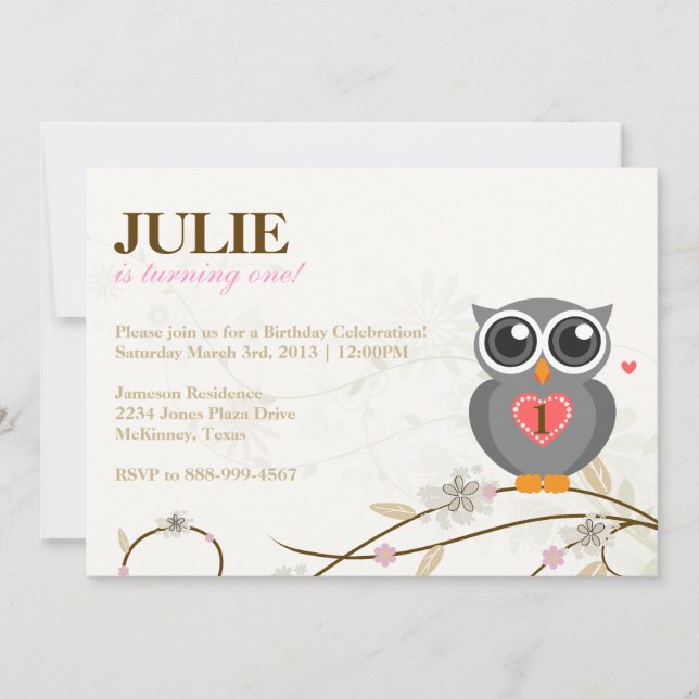 Grey Owl First Birthday Party Invitation (Front)