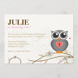 Grey Owl First Birthday Party Invitation
