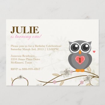 Grey Owl First Birthday Party Invitation by paper_robot at Zazzle