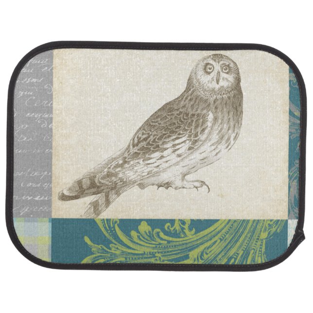 Grey Owl on Pattern Background Car Floor Mat (Rear)
