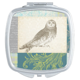 Grey Owl on Pattern Background Compact Mirror
