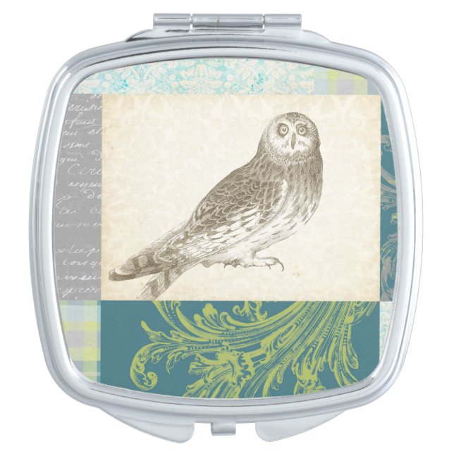 Grey Owl on Pattern Background Compact Mirror (Front)