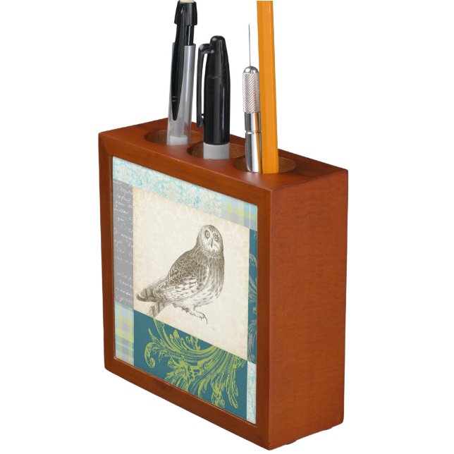 Grey Owl on Pattern Background Desk Organizer (In Situ)
