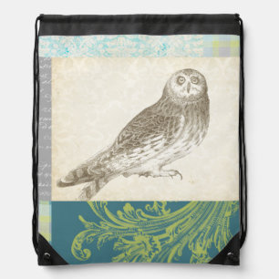 Grey Owl on Pattern Background Drawstring Bag