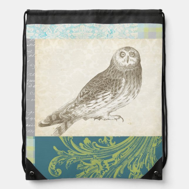 Grey Owl on Pattern Background Drawstring Bag (Front)
