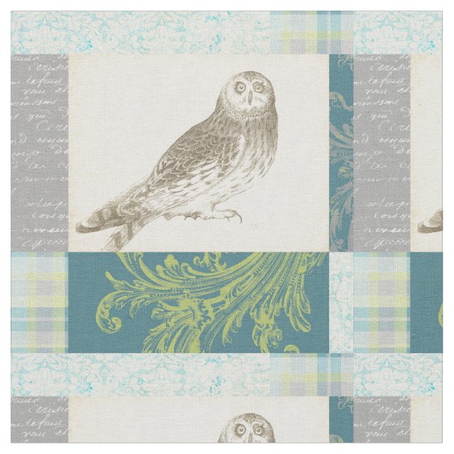 Grey Owl on Pattern Background Fabric (Close Up)