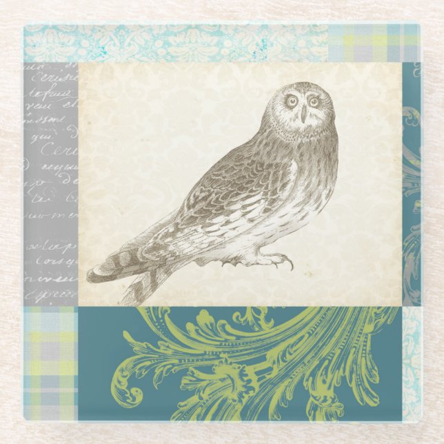 Grey Owl on Pattern Background Glass Coaster (Front)