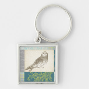 Grey Owl on Pattern Background Keychain