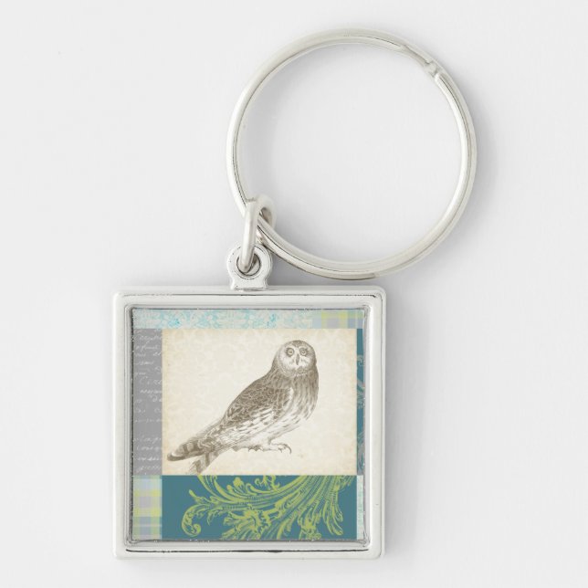 Grey Owl on Pattern Background Keychain (Front)