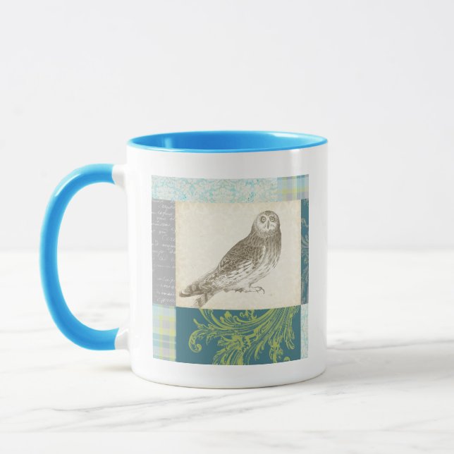 Grey Owl on Pattern Background Mug (Left)