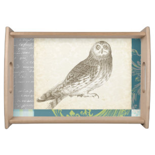 Grey Owl on Pattern Background Serving Tray