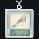 Grey Owl on Pattern Background Silver Plated Necklace<br><div class="desc">Feeling artsy? Get this contemporary drawing of a grey owl on a collage-inspired background. The background is colorful and includes tones of blue,  grey and green. This fine art print will brighten any living room,  bathroom or bedroom.</div>