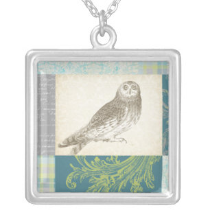 Grey Owl on Pattern Background Silver Plated Necklace