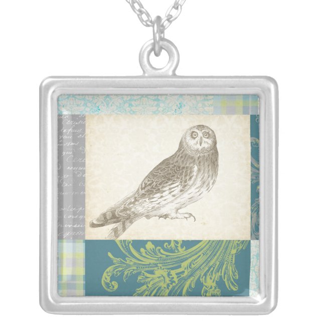 Grey Owl on Pattern Background Silver Plated Necklace (Front)