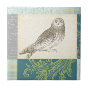 Grey Owl on Pattern Background Tile