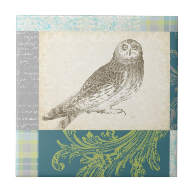 Grey Owl on Pattern Background Tile (Front)