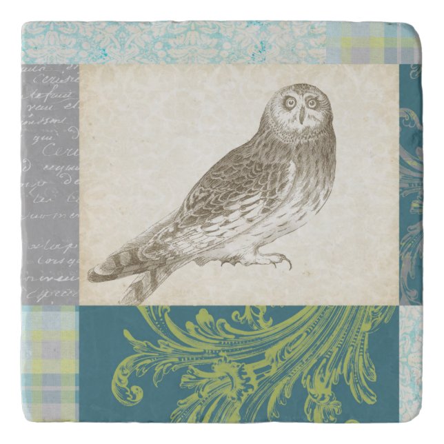 Grey Owl on Pattern Background Trivet (Front)
