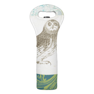 Grey Owl on Pattern Background Wine Bag