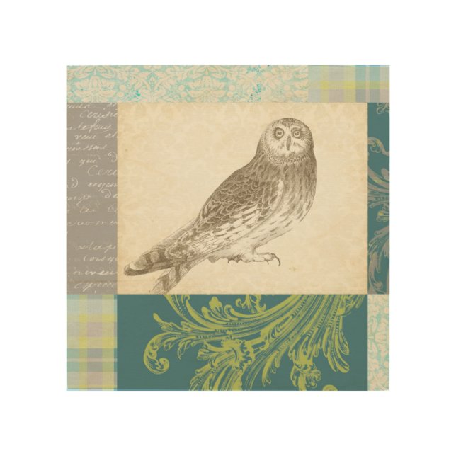 Grey Owl on Pattern Background Wood Wall Art (Front)